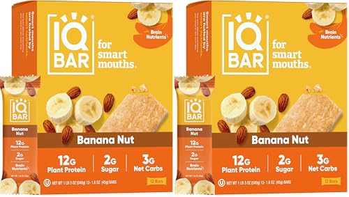 IQBAR Brain and Body Plant Protein Bars - Banana Nut - 12 Count, Low Carb, High Fiber, Gluten Free, Vegan Snacks - Low Sugar Keto Energy Bar Pack (Pack of 2)