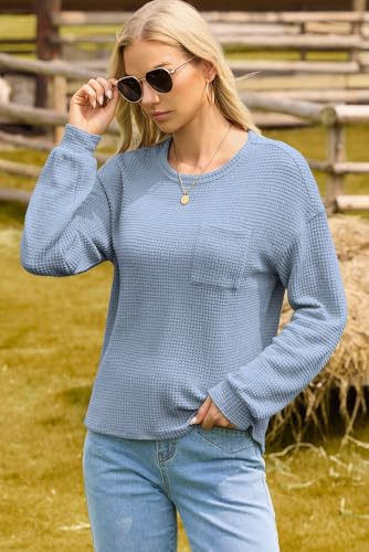 Image of Dokotoo Womens Waffle Knit Tops 2026 Oversized Long Sleeve Crewneck Shirts Business Casual Blouses Basic Shirts