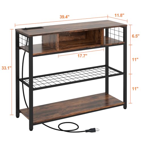 Livofloral Console Tables with Charging Station, 4 Tier Narrow Sofa Tables with Storage Shelves, Entryway Tables with Outlet and USB Ports, Behind Couch Table for Living Room Hallway, Rustic Brown