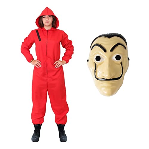 Adults Bank Robber Halloween Costume - Red Jump Suit with Attached Hood and Mask - Adults Halloween Fancy Dress Costume (Large)