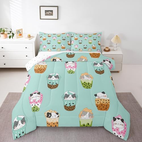 Image of Feelyou Kids Milk Tea Comforter Set Twin Size, Cute Kitten Cat Bedding Set Bubble Tea Comforter Kids Boys Girls Kawaii Duvet Insert Room Decor with 1 Pillow Case