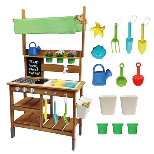 Beipoo Mud Kitchen with Canopy, Outdoor Play Kitchen with Sink, Faucet, Chalkboard, Stoves, Cooking Accessories, Design with Storage, Gift for Ages 3+