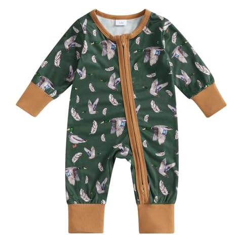 Infant Baby Boy Girl Mallard Duck Romper Jumpsuit Long Sleeve Zip Up Duck One Piece Overalls Hunting Baby Clothes (Green, 3-6 Months) Cover