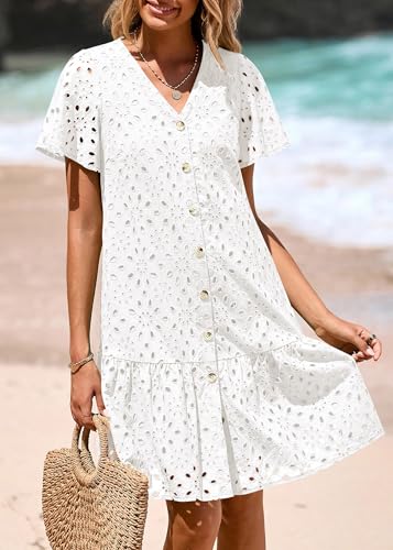 KIRUNDO Eyelet Dresses for Women 2026 Spring Summer Short Sleeve Button Down Loose Mini Babydoll Dress Beach Vacation Clothes(White, XX-Large) — view 6