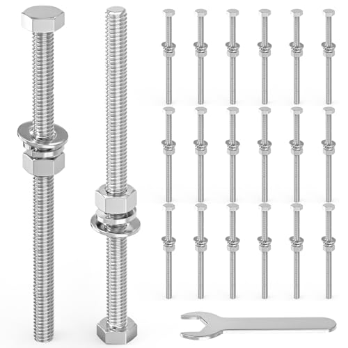Image of 20PCS 5 /16-18 inch x 6 inch 304 Stainless Steel External Hex Bolt, Fully Threaded Bolt with Nut Flat & Lock Washers and Spanner