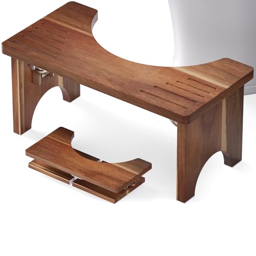 Danfoxer 7 Inches Acacia Wood Toilet Stool Squat for Adults Foldable Poop Stool for Bathroom Portable Potty Step Stool with Non-Slip Strip No Assembly Required