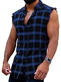 GRMNSG Mens Sleeveless Flannel Shirt Plaid Casual Button Down Shirts Vest Blue