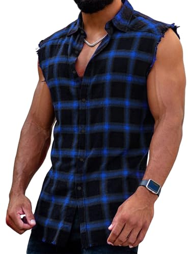 GRMNSG Mens Sleeveless Flannel Shirt Plaid Casual Button Down Shirts Vest Blue