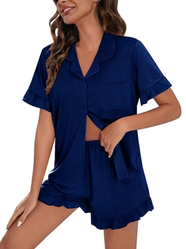 Image of SWOMOG Woman Pajama Set Short Sleeve Pjs Set 2Pcs Short Pajamas Button Down Ruffle Hem Sleepwear Soft Modal Loungewear