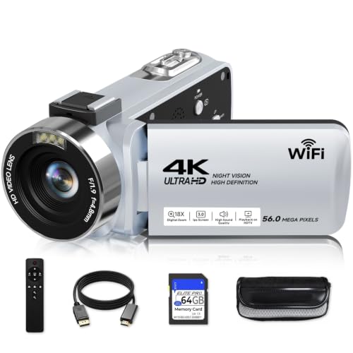 Video Camera, 4K Camcorder 56MP Digital Video Recorder 18X Zoom 3' 270° Rotation Touchscreen IR Night Vision, Wifi Vlogg