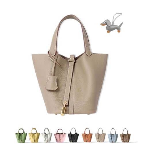 Genuine Leather Bucket Bag, Ruffle Tote Bag, Genuine Leather Lock Design, Vegetable Basket, Versatile Shoulder Handbag