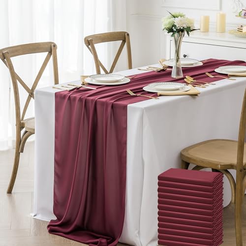 12 Pack Chiffon Table Runner 14x108 Inch Long 9ft Sheer Table Runners for Party Romantic Wedding Bridal Shower Fall Decorations-Burgundy