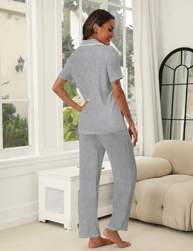 Image of ZMJ Womens Pajamas Sets 2 Piece Lounge Set Short Sleeve Shirt with Long Pant Pj Sets Button Down Sleepwear Outfits Light Heather Grey XXL