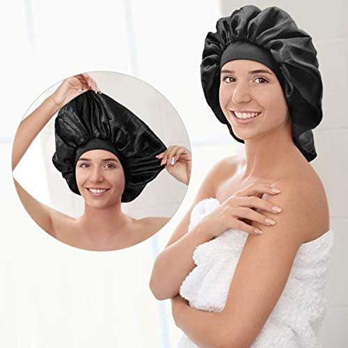 2PCS Large Satin Bonnet, Raibaubl Silk Bonnet With Elastic Soft Band, Big sleep cap For Women Hair Care, Jumbo Bonnet For Braids Natural Long Hair, Curly Hair (Black+Black)