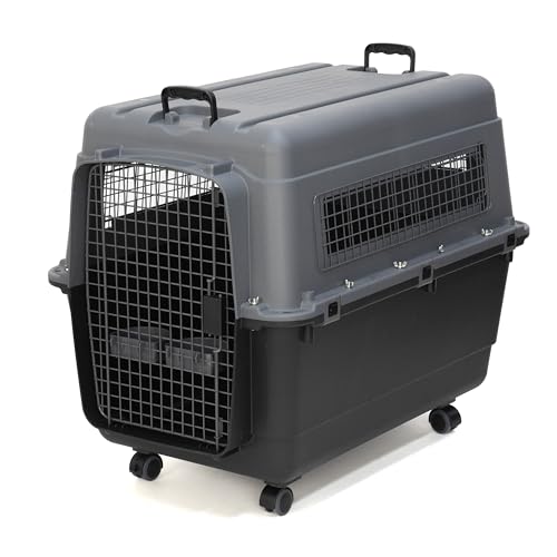 Image of SportPet Airline Compliant X-LARGE 35.5 inch Travel Dog Kennel-Durable Plastic Airline Pet Carrier w /Removable Wheels & Food Bowls, Collapsible Indoor /Outdoor Dog Kennel, Dogs up to 32 inchL & 23 inchH-Dark Gray