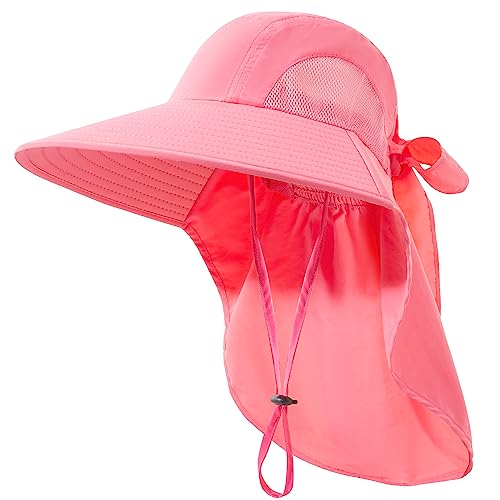 Womens Sun Hat UV Protection, Foldable Waterproof Wide Brim Bucket Hats with Neck Flap for Summer Beach Fishing Hiking Rose