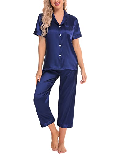Swomog Women Satin Pajama Set Short Sleeve Sleepwear Capri Silk Pjs Set 2 Piece Loungewear Button Down Nightwear With Pockets #TOP21