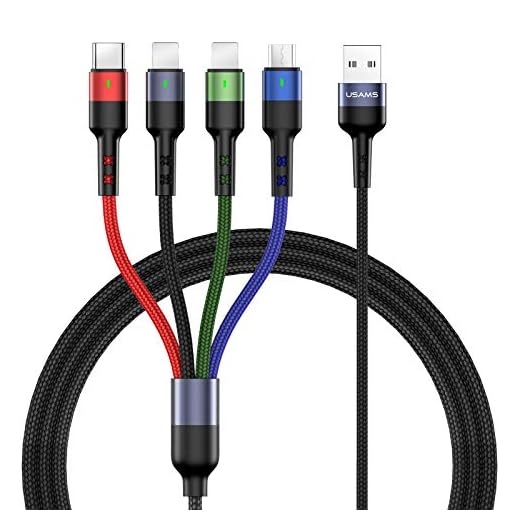 Lot de 2 câbles de charge multiples USAMS en nylon tressé de 3 m, cordon de charge USB 4 en 1 avec connecteur de téléphone/type C/micro USB pour téléphone/Galaxy S9/S8/S7 et plus (3 m)