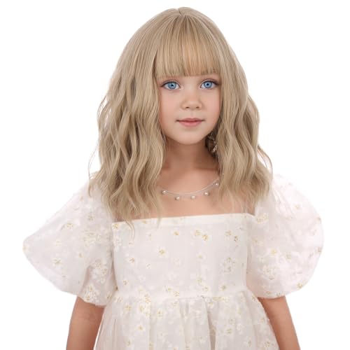 Image of Girls Ash Blonde Wig Kids Short Blond Wavy Curly Wig Blonde Wig with Air Bangs for Children Heat Resistant Synthetic Wig with Wig Cap