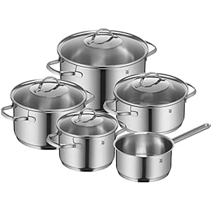 WMF Provence Plus Set Di Pentole Induzione E Gas In Acciaio Inox 18/10 Cromargan, Fondo Transtherm Triplo Strato, Batteria Pentole Con 5 Pentole E 4 Coperchi, Argento, 5 Pezzi