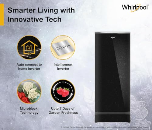 Image of Whirlpool 207 L 5 Star Icemagic Pro Inverter Glass Door Direct-Cool Single Door Refrigerator (230 IMPRO GD ROY 5S Inv CRYSTAL BLACK, Base Stand with Drawer)