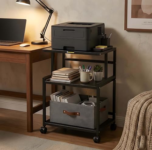 Image of Premium Metal Iron Black Printer Stand with Wheels - Heavy-Duty & Stylish Storage Solution for Files, and Essentials - Durable, Modern & Perfect for Homes & Offices. (Black)