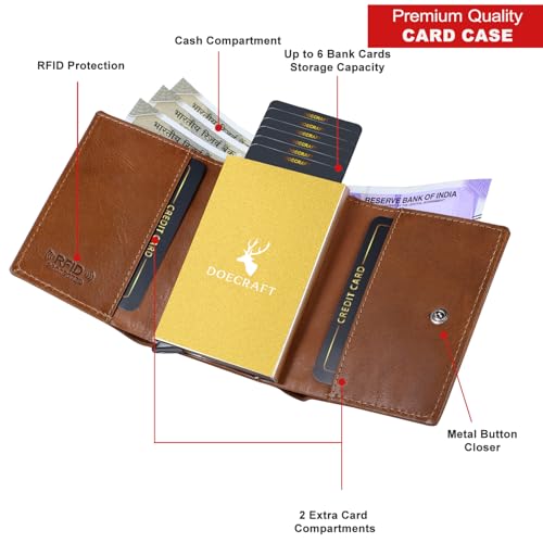 Image of DEOCRAFT Men's Genuine Leather RFID Wallet | Premium Slim Red Wallet for Men with Deer 3D Print | 8 Card Slots Secure and Durable | Casual Stylish | Formal & Gifting Use, Golden (TAN)
