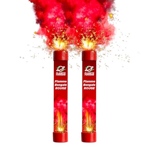 PLANETE FUMIGENE Lot de 2 Fumigènes Flamme de Bengale ROUGE VIF - Torche durée 40 secondes - Allumage à Mèche, fumigene couleur à tenir en Main - idéal...