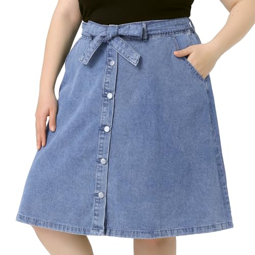 Agnes Orinda Plus Size Women's Denim Skirts Tie Waist A-Line with Pockets Midi Summer Jeans Skirts