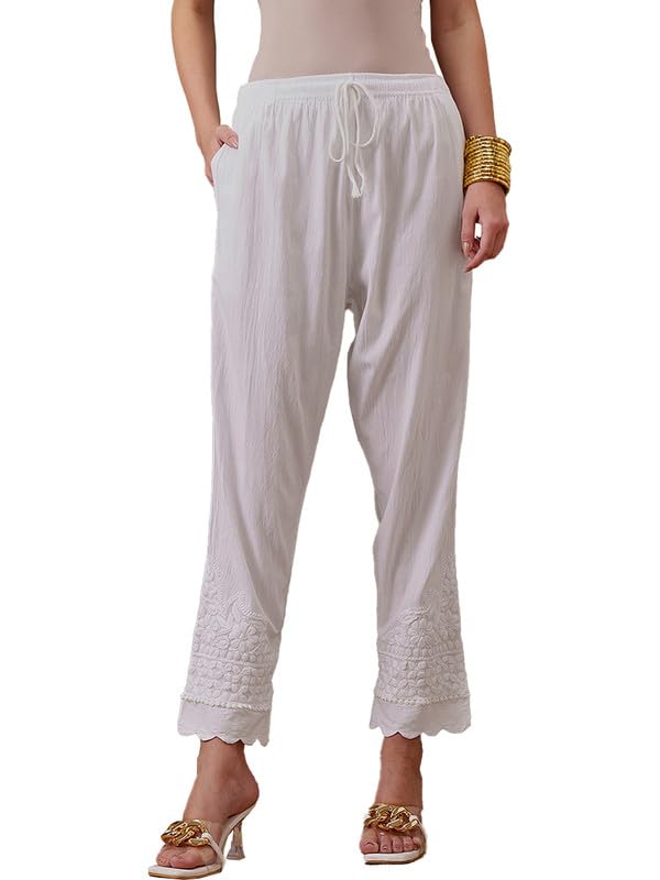 Women High Rise Hand Embroidered Lucknow Chikankari Cotton Regular Fit Pant Palazzo Culottes A711194-image-22