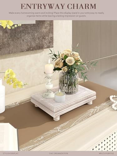 EOSAHR Decorative Tray Wood Pedestal Stand – Farmhouse Wooden Tray for Soap Holder & Bathroom Accessories - Kitchen Essentials & Bathroom Organizer for Home Decor (Natural Wood) - Image 2