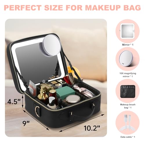 Mocado Travel Makeup Bag with LED Lighted Mirror,Travel Makeup Organizer,Makeup Case with 3 Color Lighted Setting and 10x Magnifying Mirror,Portable Storage and Adjustable Dividers Makeup Box(Black) by Mocado - Image 7
