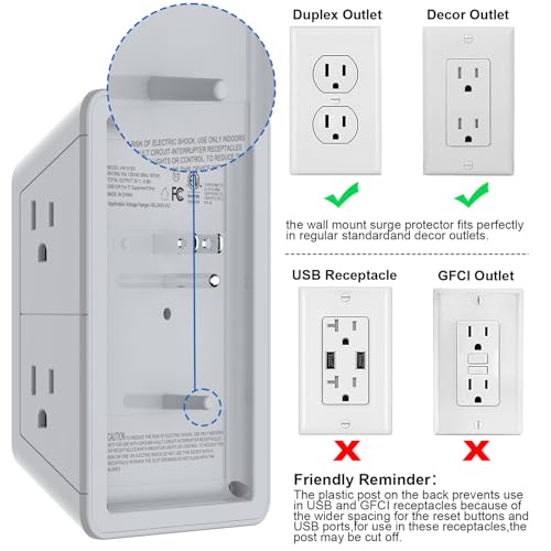 Outlet Extender, Surge Protector Outlet with 5-Multi Plug Outlet and 4 USB Ports(1 USB C), 3-Sided 1680J Power Strip Wall Charger, Multiple-Plug Outlet Splitter for Home Travel Office,ETL Listed,Grey