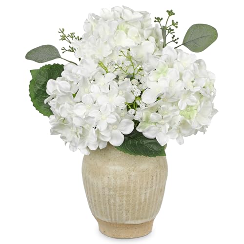 Briful 33CM White Hydrangea Artificial Flowers in Vase - Silk Hydrangea Realistic Gypsophila Fake Flowers with Rustic Ceramic Vase - 12.9 Faux Flowers for Centerpieces Table Home Decor