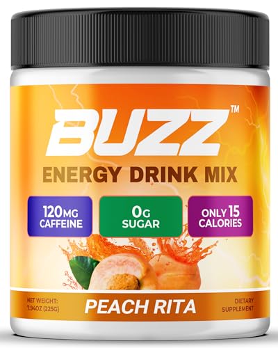 Morning Buzz Energy Drink Powder - Sugar Free Energy Drink Mix - Pre Workout Drink Mix with 18 Vitamins & Minerals No Jitters No Crash - Gluten Free No Artificial Dye Original Peach Rita Flavor