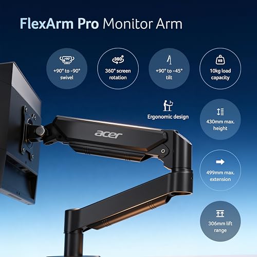 Image of Acer FlexArm Pro Monitor Arm Gas Spring Desk Mount for 13-32 Inch Monitors with 10kg Load Capacity, 360 Rotation, Tilt Swivel Adjust, VESA 75x75 & 100x100, C-Clamp Grommet Mount, Aluminium Build