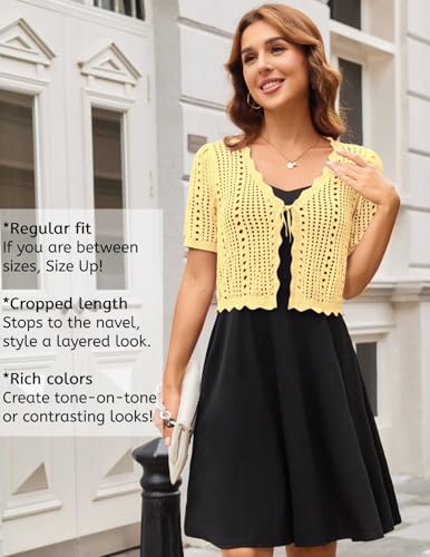 Image of Kate Kasin Women Crochet Shrug Knit Sweater, Short Sleeve Cropped Cardigan | Tie Front Tops Light Weight, Knit Cover Up Arm Bolero For Evening Dresses Dressy Casual, Ladies Eyelet Shawl Thin Formal