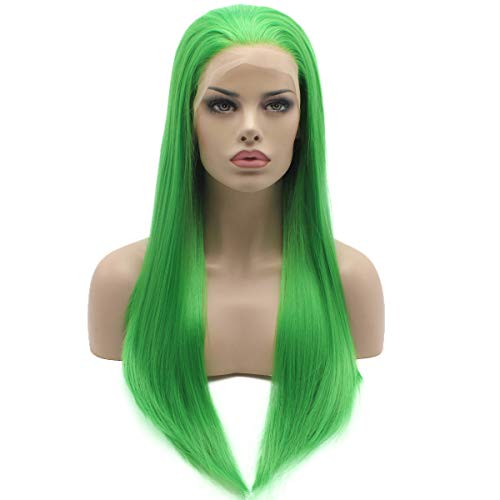 Lace Front Synthetic Wigs Straight Long 24inch Green Wig Hand Tied Heavy Density Realistic Wigs
