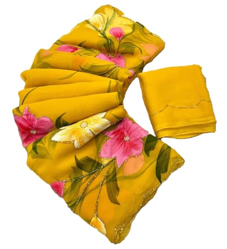 Image of Arkia Women's Floral Hand Embroidered Hand Painted Saree with Blouse Piece
