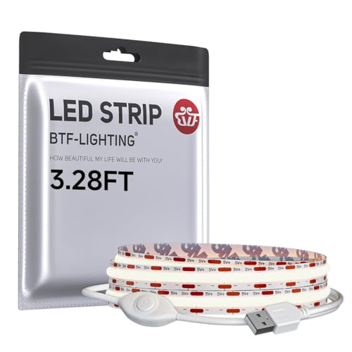 Image of BTF-LIGHTING FCOB COB LED Strip Lights 5V USB Powered Natural White 4000K | 3.28FT 320LEDs CRI90+ Dimmable Super Bright LED Light with 3M Tape for TV Backlight PC 3D Printer Cabinet Home DIY Lighting