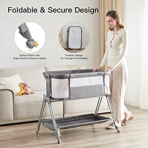 Baby Bassinets,Bedside Sleeper For Baby, Easy Folding Bedside Crib 7 Height Adjustable With All Mesh Baby Bed For Infant Newborn Girl Boy (Light Grey) #TOP4