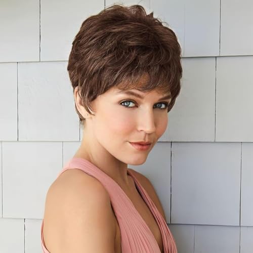 Queentas Perruque Femme Naturelle Courte Pixie, Cheveux Naturels, Frange, Coiffure en Couches...