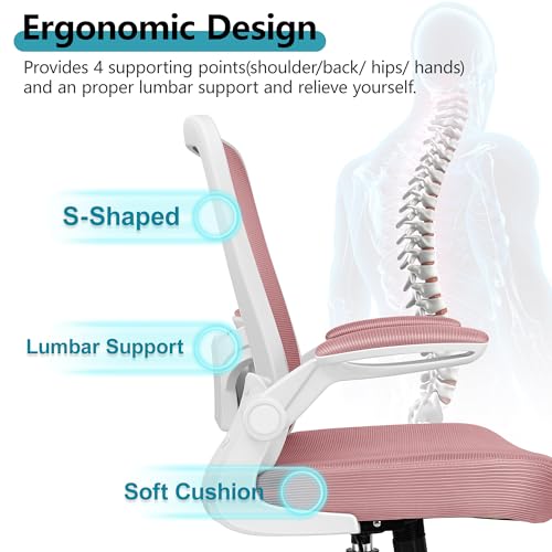FelixKing Office Chair, Ergonomic Desk Chair Breathable Mesh Chairs Adjustable High Back Lumbar Support Flip-up Armrests, Executive Rolling Swivel Comfy Computer Chairs Home Office Rose Quartz