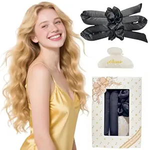 Serenade Satin Heatless Curls Overnight for Long Hair, Heatless Hair curler for Women and Girls, No Heat Curling Rods with Satin Scrunchies and Clip, Black