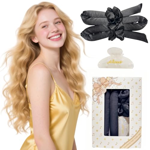 Serenade Satin Heatless Curls Overnight for Long Hair, Heatless Hair curler for Women and Girls, No Heat Curling Rods with Satin Scrunchies and Clip, Black