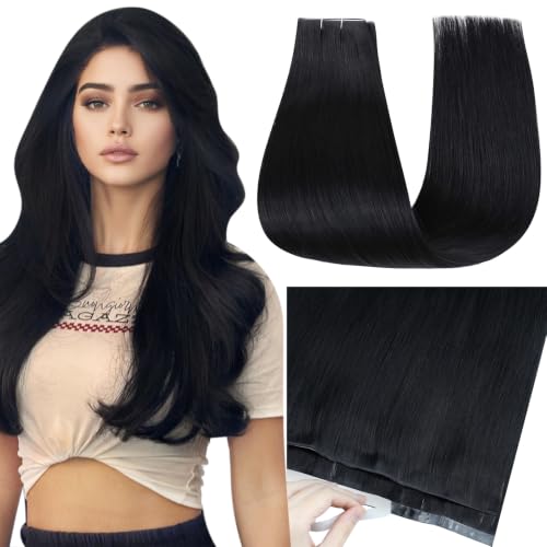 Image of Full Shine Tape in Weft Hair Extensions, Jet Black 18 Inch