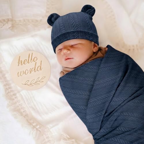 Image of DRESHOW BQUBO Newborn Receiving Blankets for Baby Girl Boy Swaddle with Bear Hat No Scratch Mittens Announcement Card Set for 0-3 Months