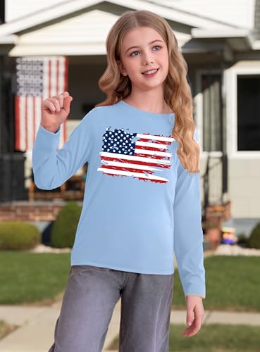 Image of Ithalt 4th of July Outfit Kids Girls American T Shirt USA T-Shirt Fourth of July Tops Patriotic Long Sleeve Tops