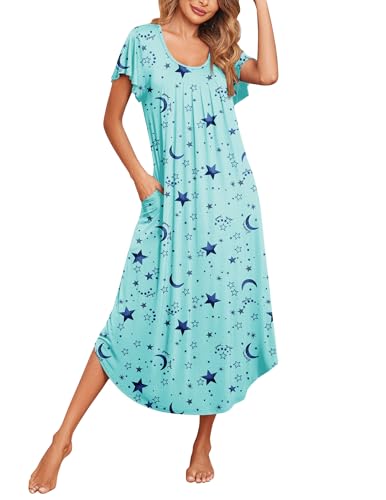 Ekouaer Long Nightgowns for Women with Pockets Short Sleeves Moo Moos for Women Casual House Dresses Star Print 3XL