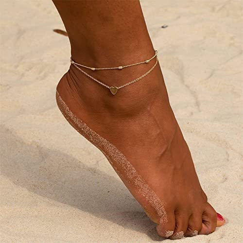 Venoco Layered Ankle Bracelets For Women Girls Dainty Foot Jewelry Minimalist Bead Chain Anklet Summer Beach Heart 14K Gold Ankle Bracelet Charm Beaded Foot Chain Jewelry Gifts #TOP3